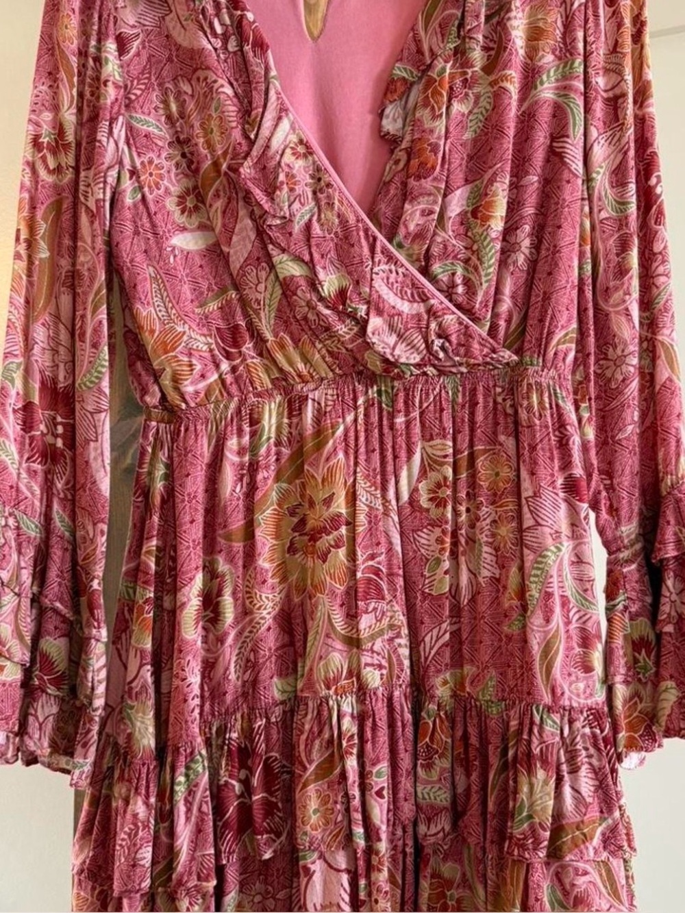 Anthropologie Rose Pink Floral Ruffle Tie-Waist Mini Dress - Picture 3 of 6